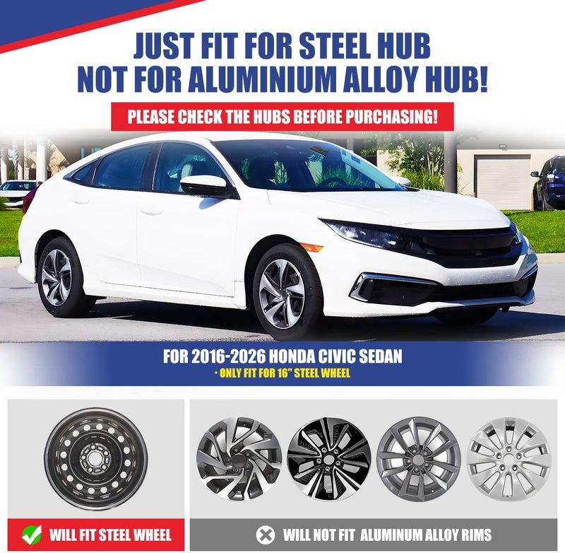 Winjet 16" Hubcaps for 2016-2026 Honda Civic Sedan Wheel Rim Covers fit for[Honda Civic Sedan 2016 2017 2018 2019 2020 2021 2022 2023 2024 2025 2026],[Only Fit Iron Hub - Steel Wheel](4 Packs,Chrome) - Image 5